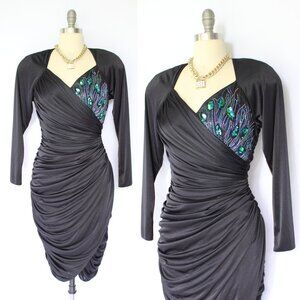 Vintage Abby Kent peacock beaded ruched draped wiggle satin black DISCO dress